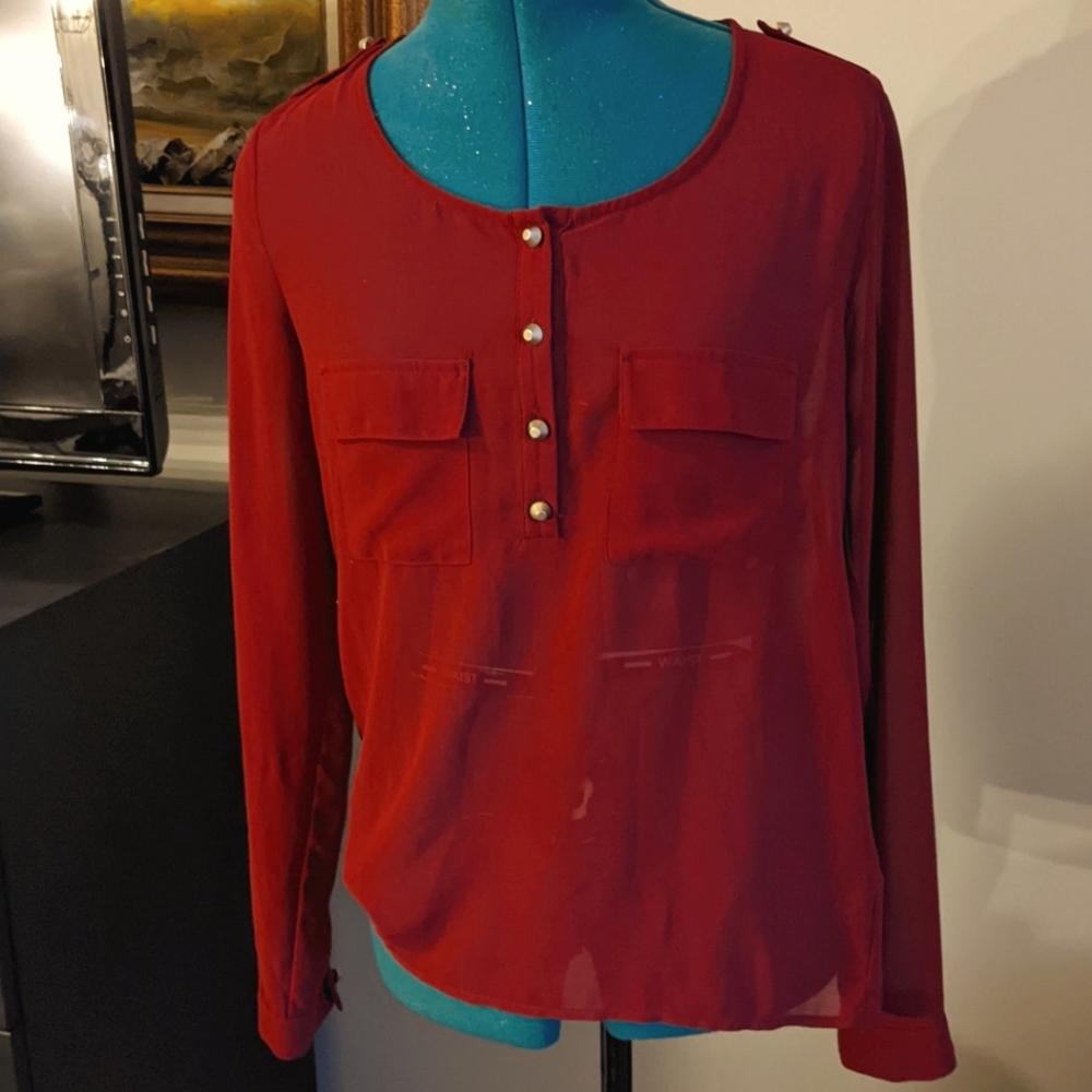 Charlotte Russe Transparent Red Long Sleeve Shirt - Small